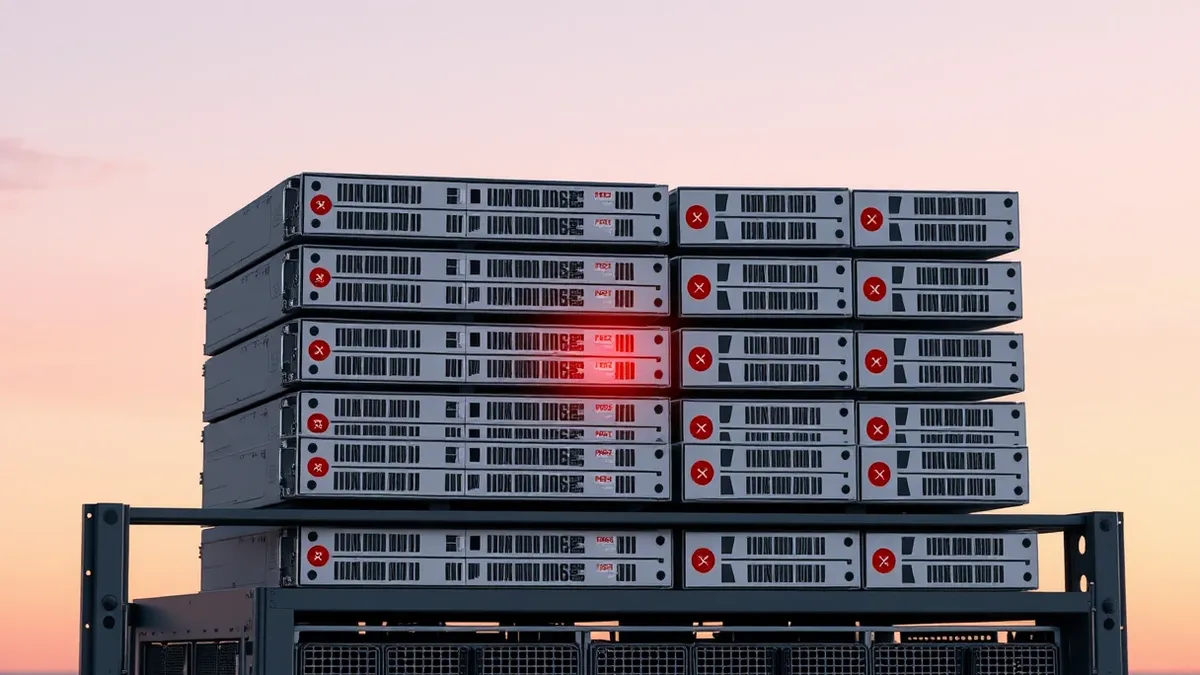 Illustration: A stack of identical grey server blades sits on a metal rack, each blade marked with a distinct red circle and a white cross symbol.
