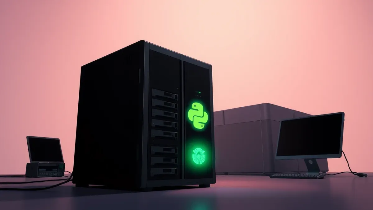 Illustration: A sleek black server sits in a dim room with its front panel lights off, emphasizing the lack of authentication.