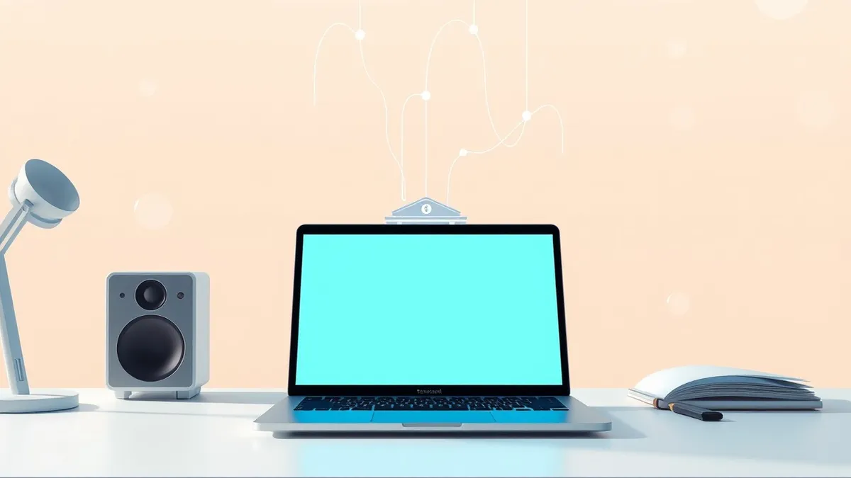 Illustration: A sleek, generic laptop sits on a desk, its blank screen casting a cool blue glow on the surrounding workspace.