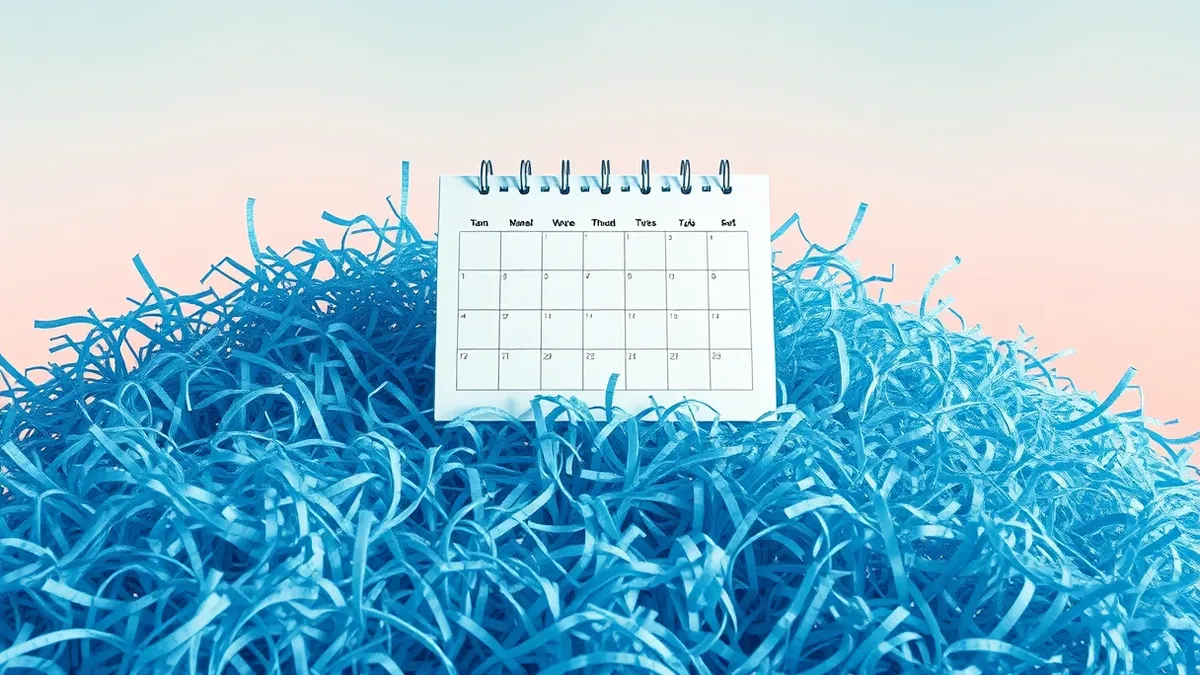 Illustration: A blank calendar grid floats above a chaotic tangle of jagged blue code streams.