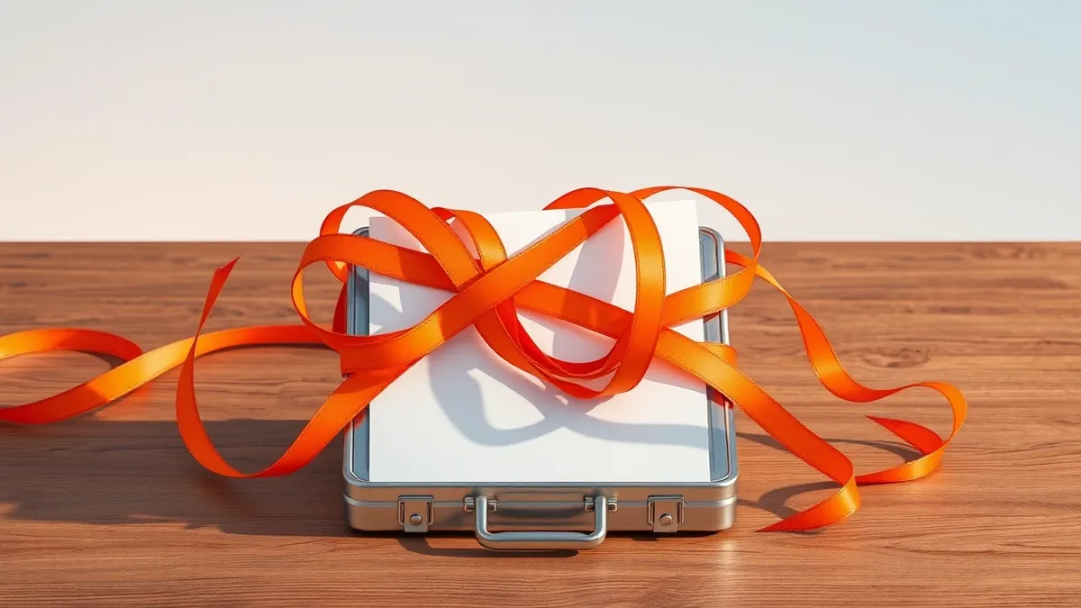 Illustration: A tangled knot of bright orange ribbon wraps around a small metal briefcase on a wooden table.