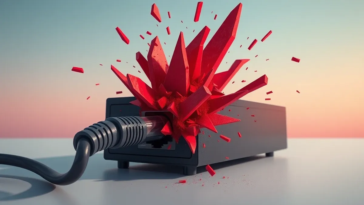 Illustration: A frayed Ethernet cable snakes into a dark router port while jagged red shards erupt from the device’s casing, symbolizing a critical buffer overflow.