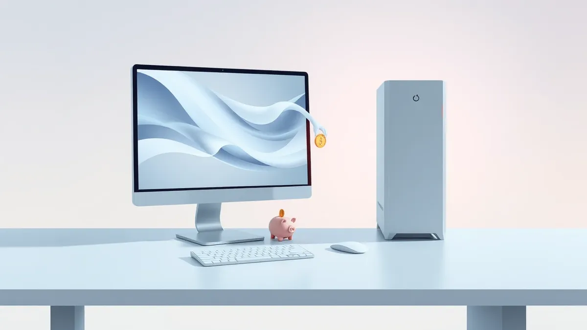 Illustration: A sleek desktop computer sits on a clean white desk.