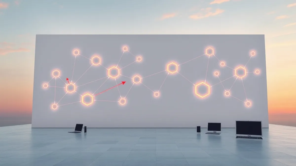 Illustration: A large blank wall displays an intricate network of glowing lines connecting various geometric shapes.