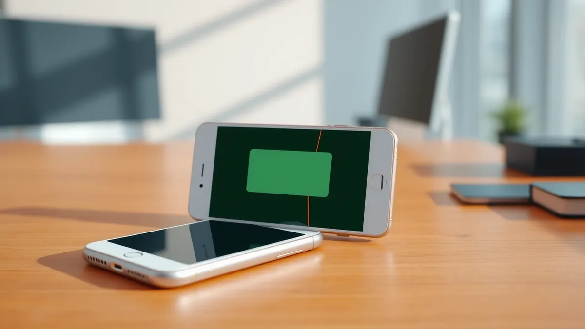 Illustration: A white smartphone rests on a wooden desk, displaying a blank green rectangular popup on its screen.
