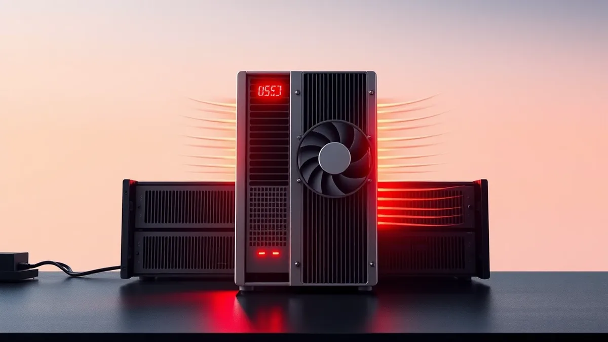 Illustration: A sleek silver server node sits isolated on a dark desk, its cooling fan spinning rapidly while red warning lights flash on its front panel.