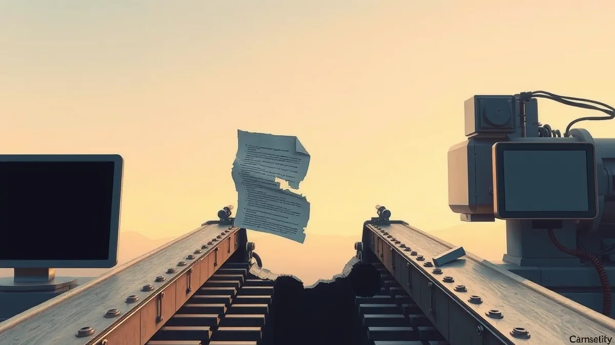 Illustration: A tattered log file drifts through a jagged gap in a metal conveyor belt before vanishing into darkness.