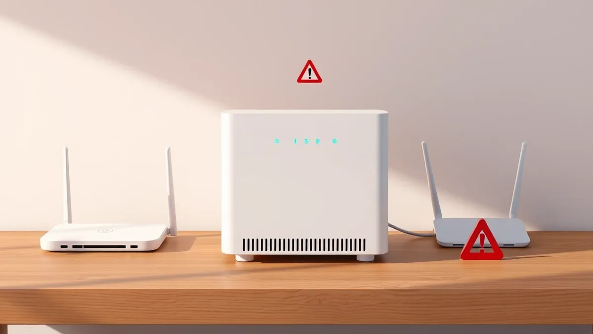 Illustration: A sleek white network storage device sits on a wooden desk, its front panel displaying three abstract blue status lights.