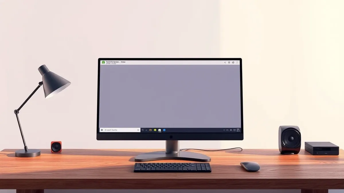 Illustration: A sleek desktop monitor sits on a wooden desk, displaying a blank, minimalist operating system interface with simple geometric window frames.
