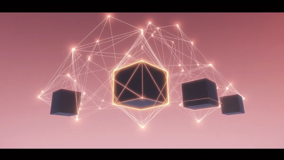 Illustration: A glowing, intricate web of thin light strands wraps tightly around individual, distinct geometric blocks suspended in dark space.