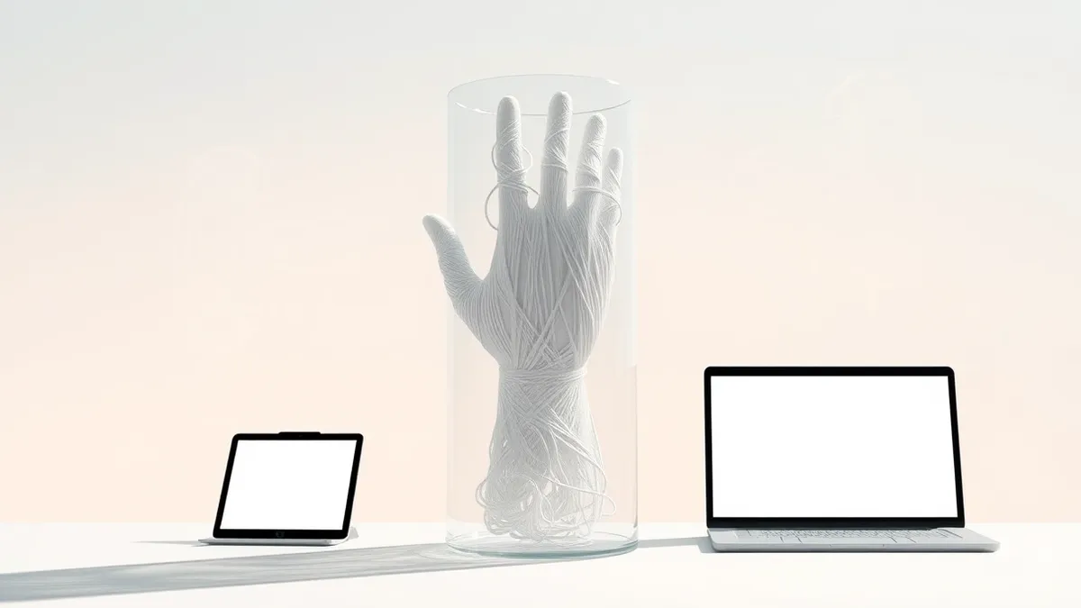 Illustration: A transparent glass cylinder holds tangled white threads that mimic the shape of a human hand.