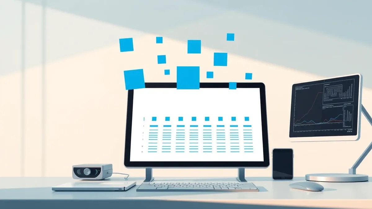 Illustration: A security analyst’s desk features a single tablet displaying a clean interface with distinct geometric shapes.