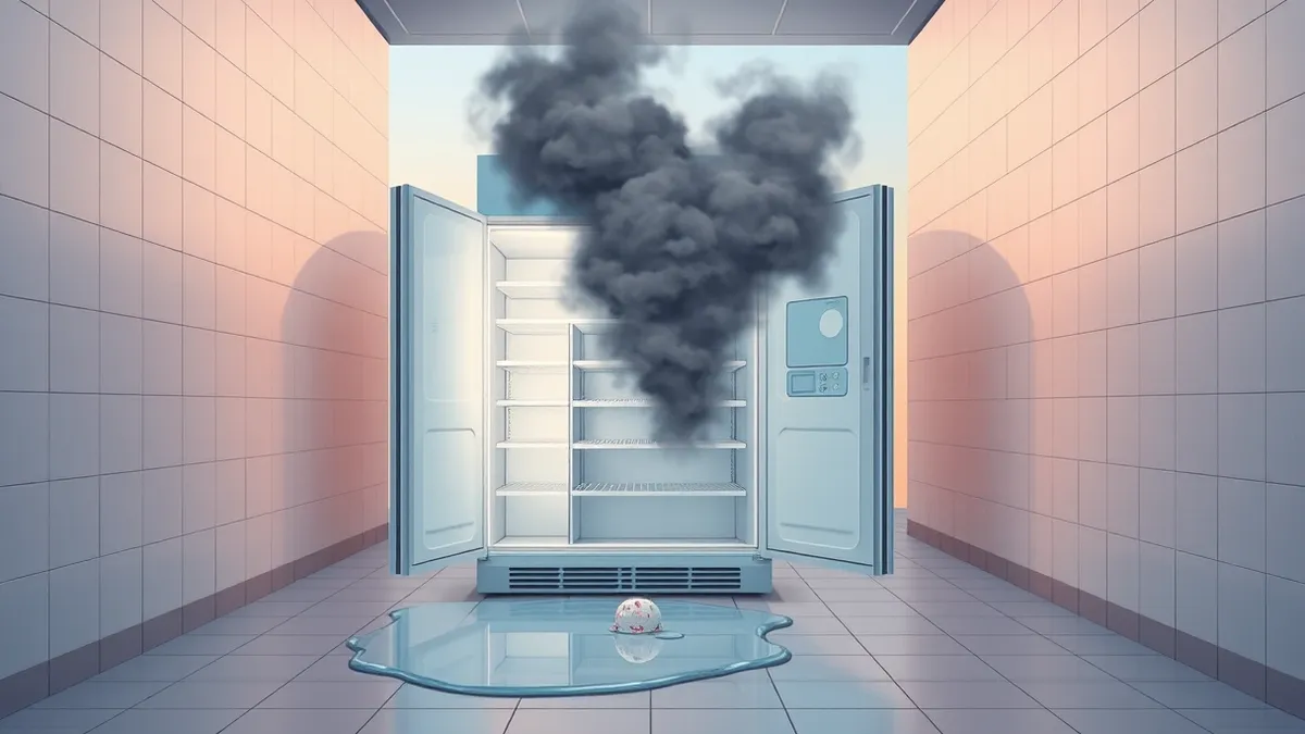 Illustration: A generic supermarket refrigeration unit sits in a tiled aisle with its door slightly ajar.