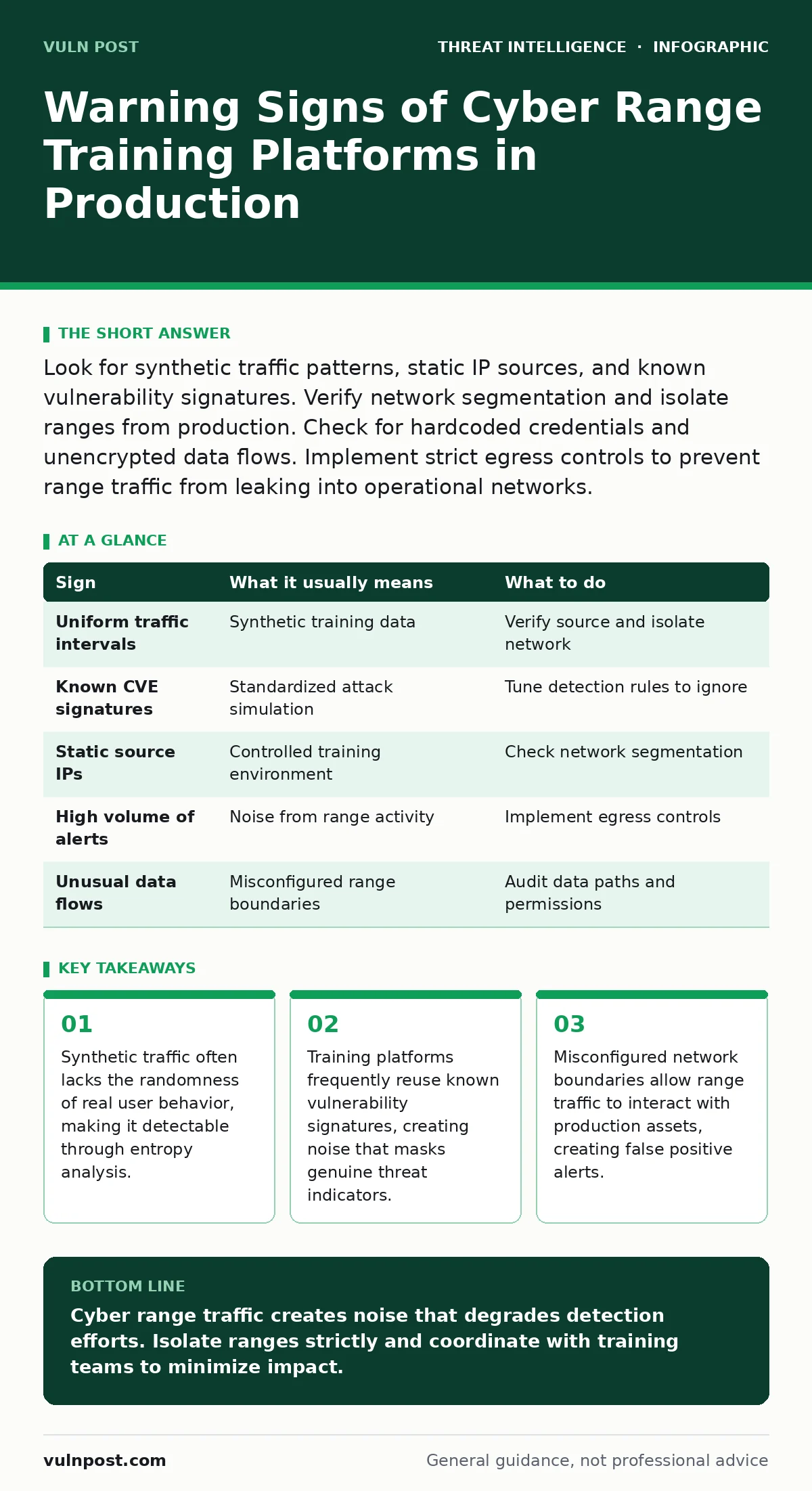Infographic: Warning Signs of Cyber Range Training Platforms in Production. Synthetic traffic often lacks the randomness of real user behavior, making it detectable through entropy analysis. Training platforms frequently reuse known vulnerability signatures, creating noise that masks genuine threat