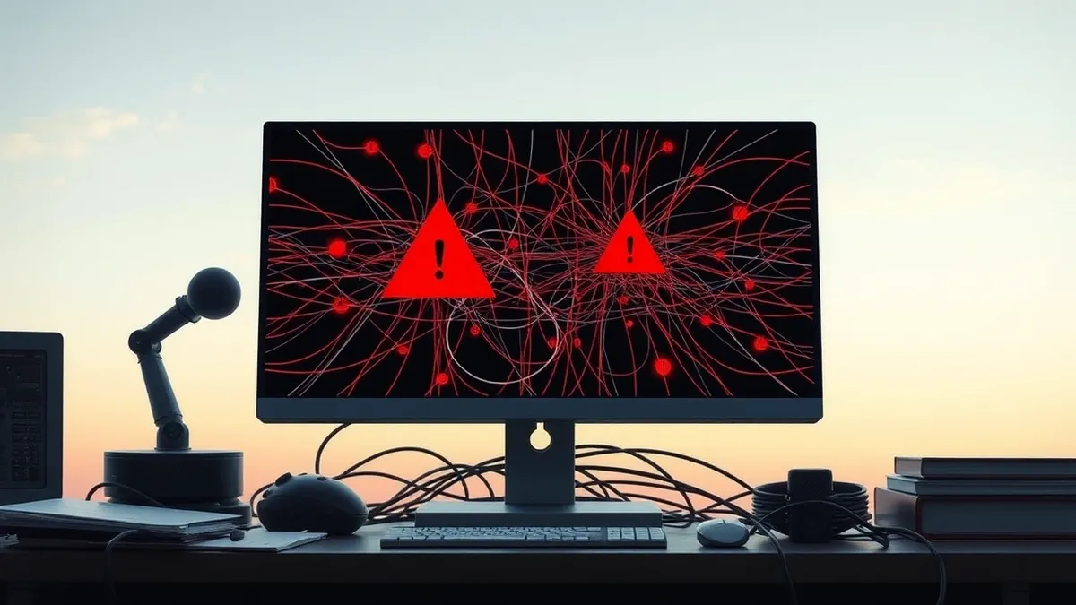Illustration: A blank computer monitor sits on a cluttered desk, its screen displaying only abstract red warning triangles over a grid of chaotic, overlapping network traffic lines
