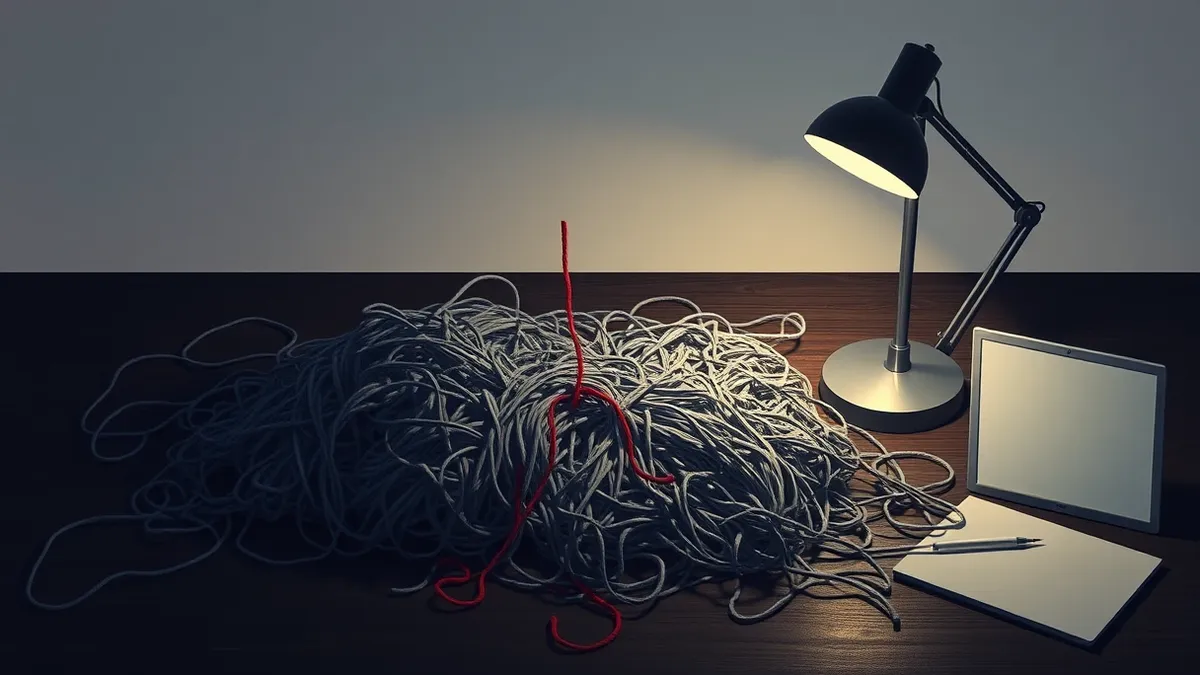 Illustration: A lone desk lamp illuminates a single, distinct red thread pulled from a tangled mass of grey yarn on a dark wooden table.