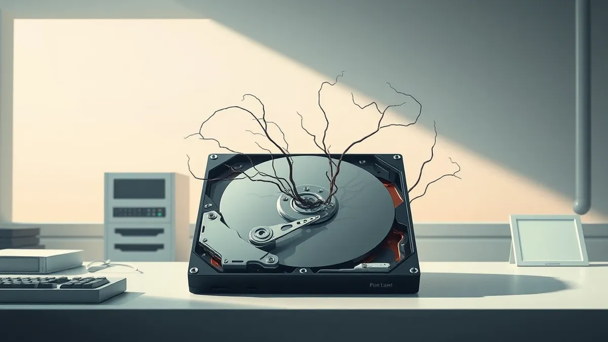 Illustration: A pristine computer hard drive sits on a sterile workbench under bright clinical lights.