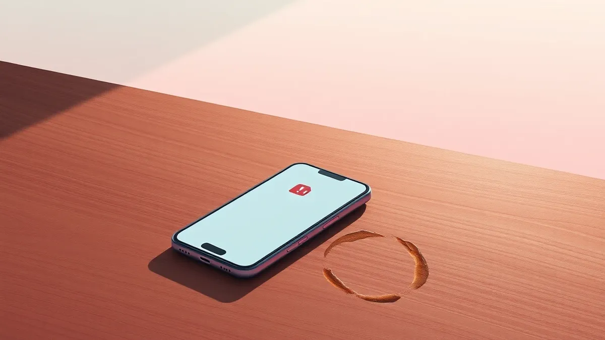 Illustration: A solitary smartphone rests on a wooden desk, its screen displaying a single blank document icon with a red exclamation mark.