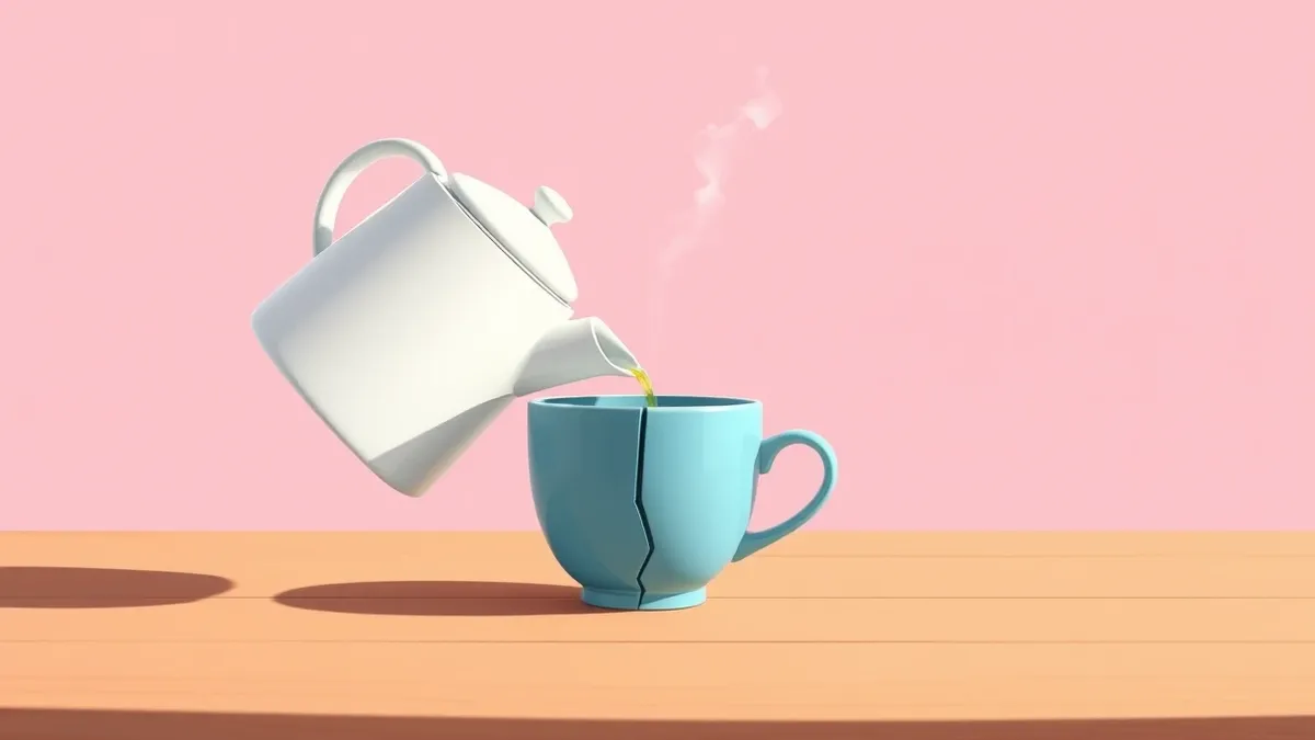 Illustration: A white ceramic teapot pours steaming liquid into a mismatched blue cup on a wooden desk.