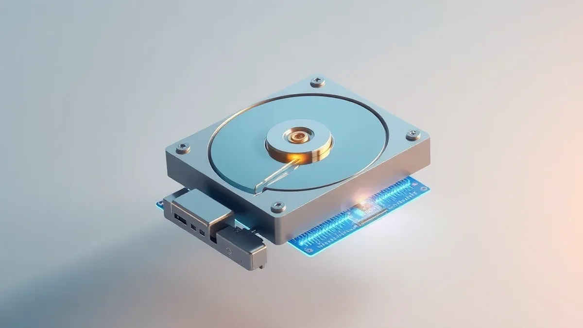 Illustration: A sleek silver hard drive floats above a glowing blue circuit board.