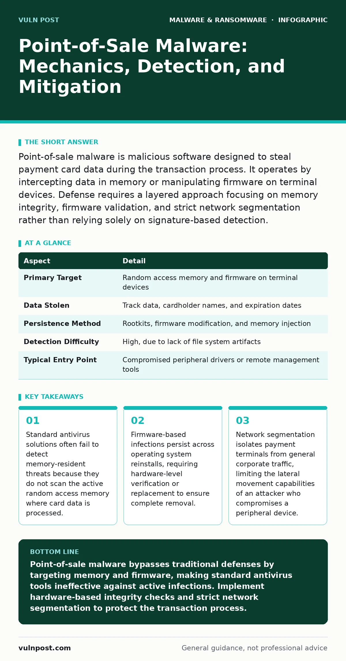 Infographic: Point-of-Sale Malware: Mechanics, Detection, and Mitigation. Standard antivirus solutions often fail to detect memory-resident threats because they do not scan the active random access memory where card data is processed. Firmware-based infections persist across operating system reinsta