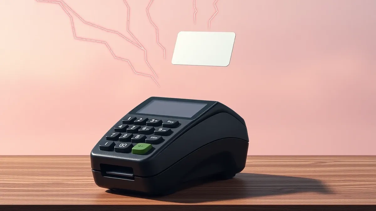 Illustration: A black credit card terminal sits on a wooden counter with its payment slot exposed.