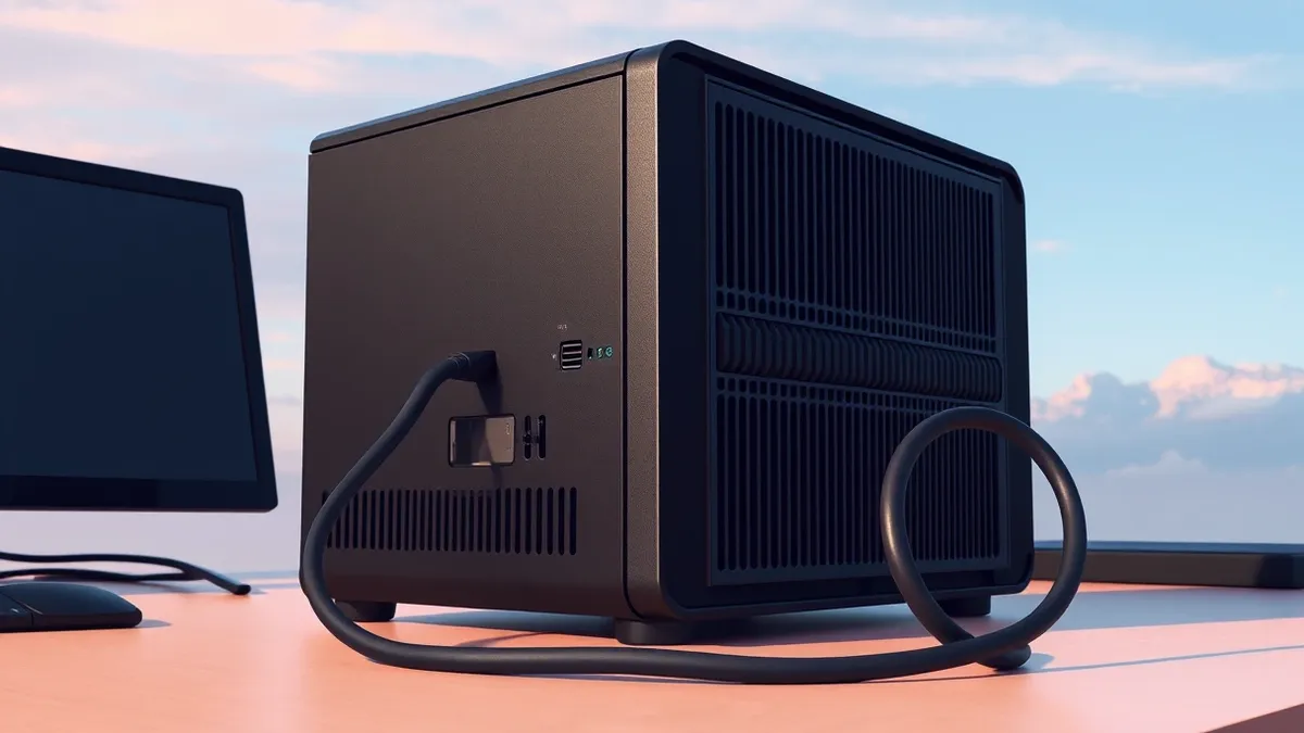 Illustration: A sleek black server sits on a desk, its Ethernet port disconnected and the cable resting loosely nearby.
