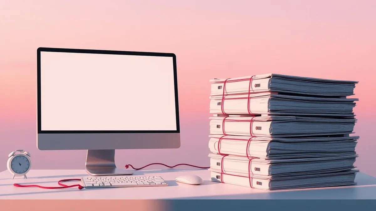 Illustration: A clean workstation sits on a desk next to a stack of organized binder folders.