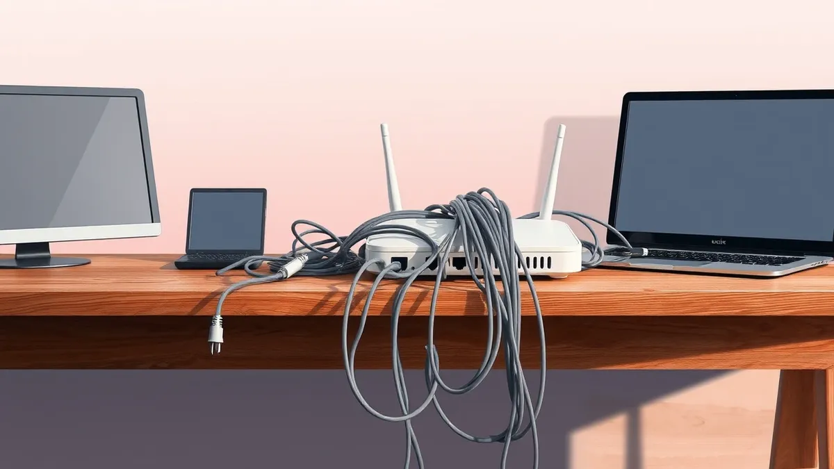 Illustration: A wooden workbench holds a tangled nest of grey electrical cables beside a single white router.