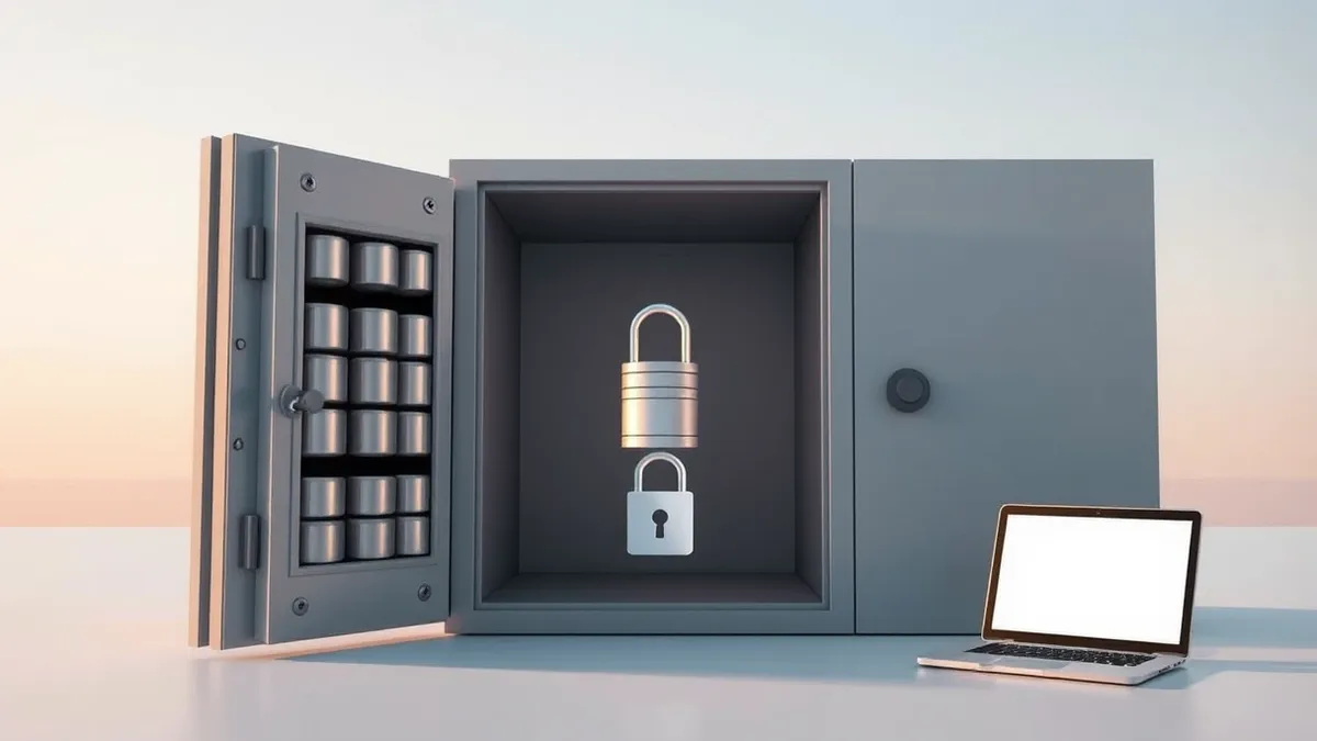 Illustration: A physical vault door stands open, revealing rows of blank, metallic cylinders inside.