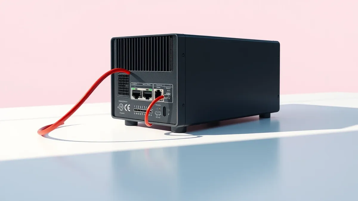 Illustration: A sleek black network appliance sits on a clean white desk.
