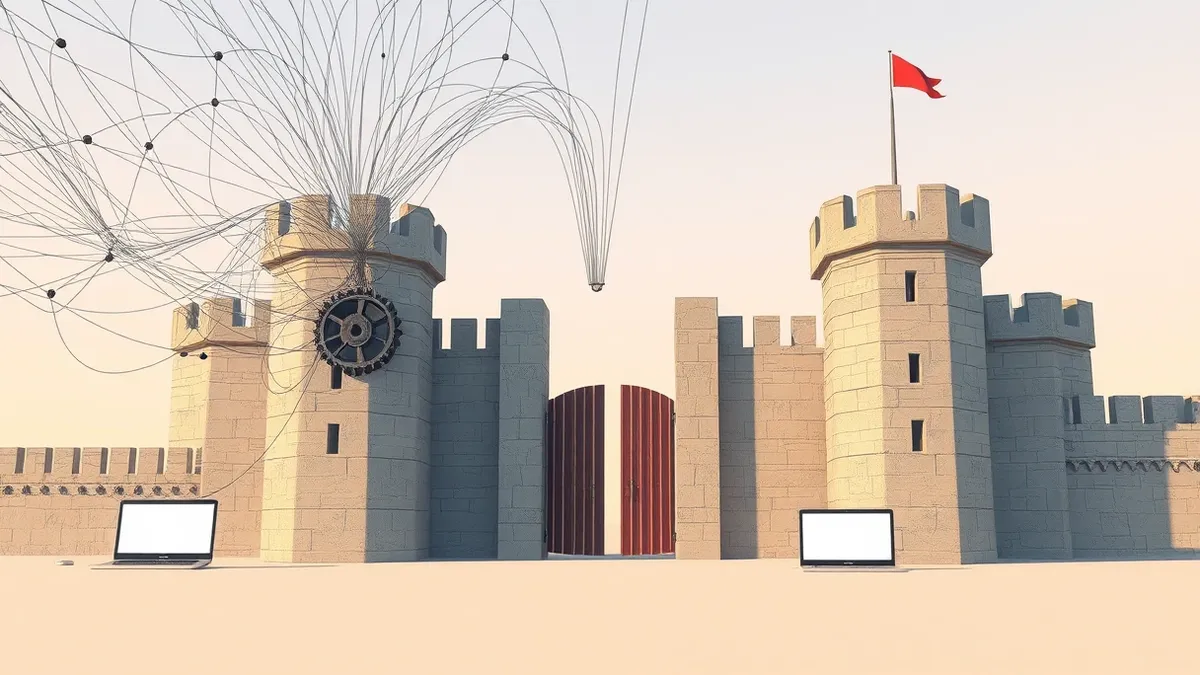 Illustration: A tangled web of digital threads connects a single cracked gear to a fortified fortress wall.
