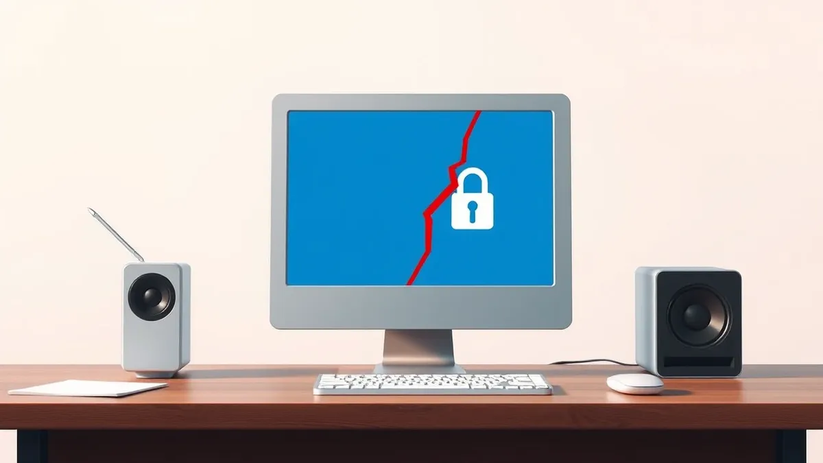 Illustration: A silver terminal computer sits on a wooden desk, its screen displaying a blank blue login prompt.