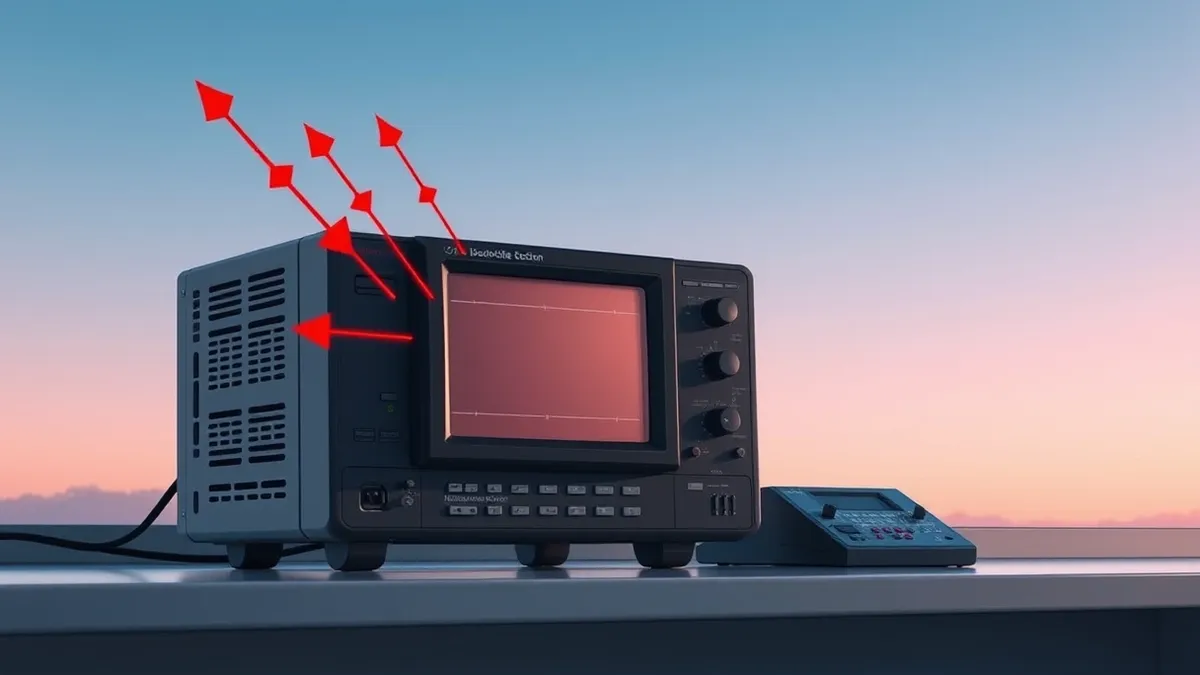 Illustration: A sleek black oscilloscope sits on a lab bench, its blank screen reflecting ambient light.