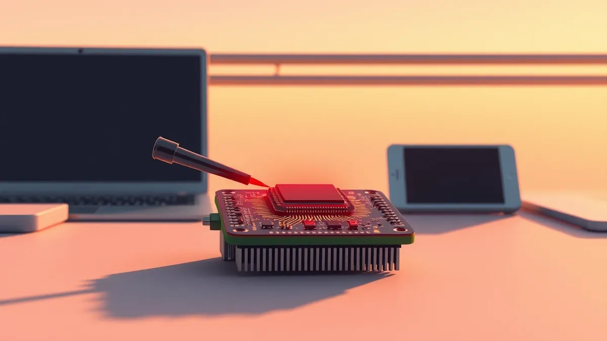 Illustration: A small embedded circuit board rests on a workbench, its antenna emitting a jagged red pulse that strikes the central chip.