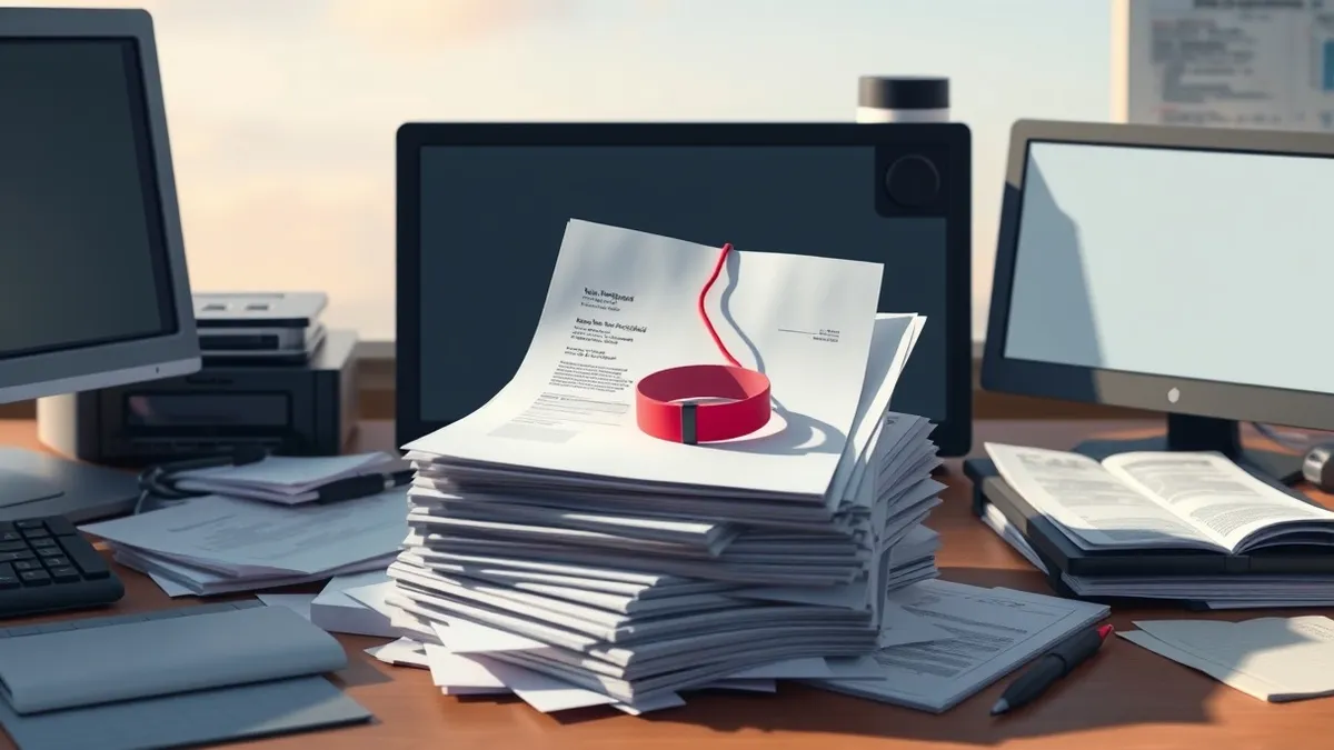 Illustration: A stack of blank white medical bills sits on a cluttered desk next to a single hospital wristband.