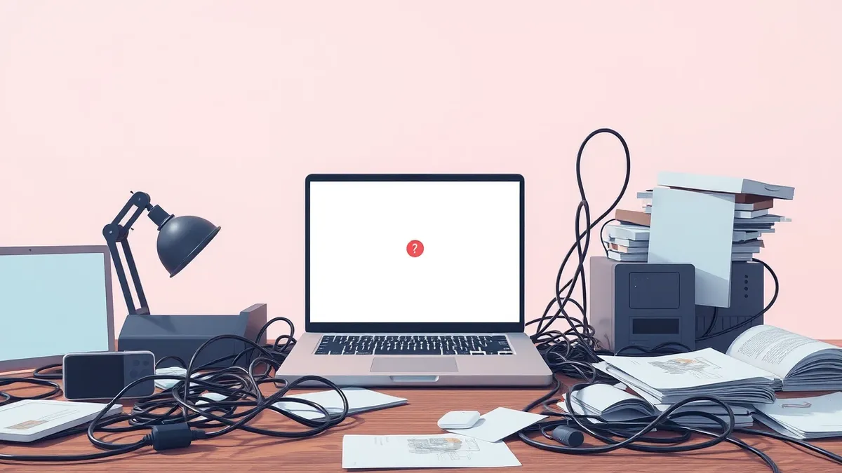Illustration: A cluttered office desk holds a laptop displaying a blank, abstract interface.
