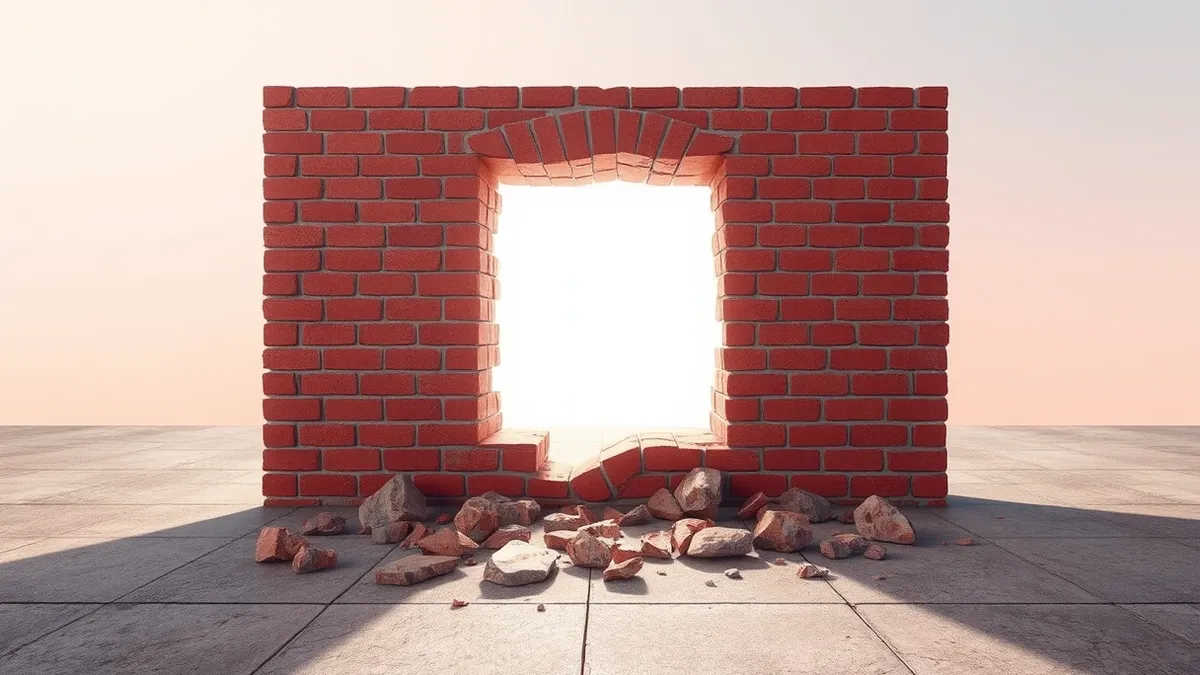 Illustration: A cracked red brick wall sits on a concrete floor, with jagged fragments scattered around the base.