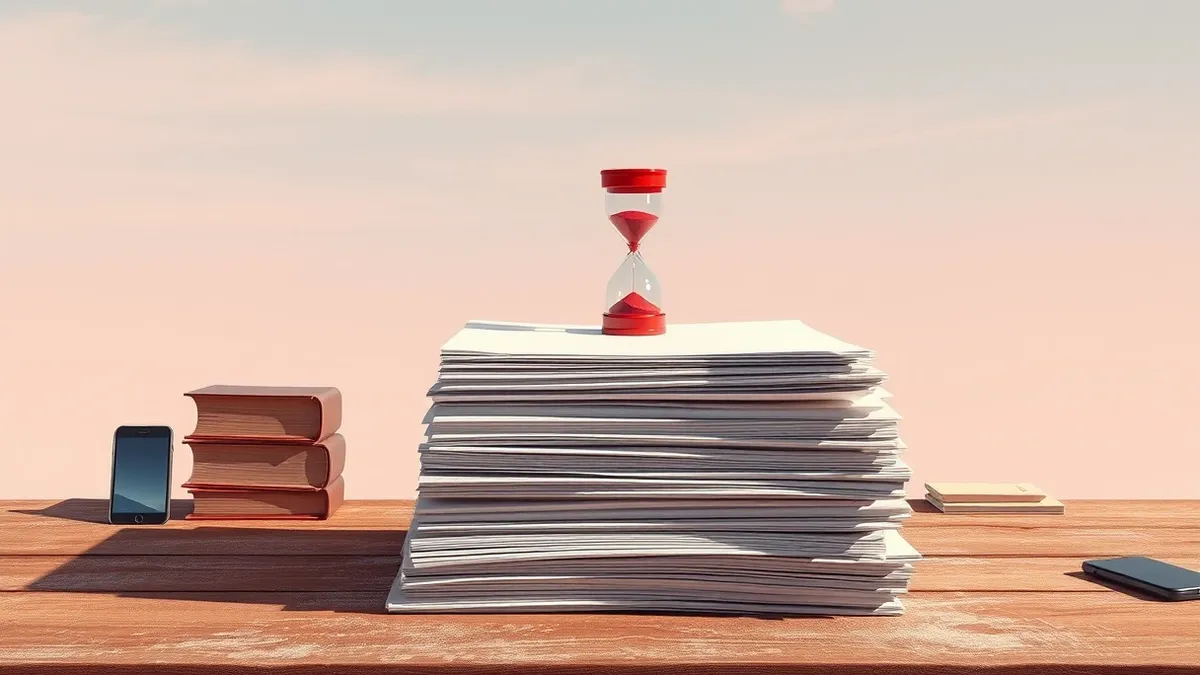 Illustration: A thick stack of blank white paper sheets sits on a dusty wooden desk, slowly sinking into a growing pile.