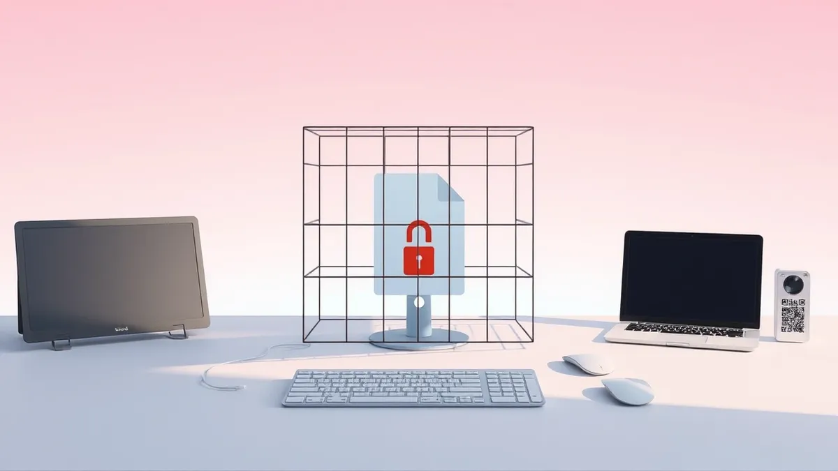 Illustration: A single executable file sits on a clean desktop, enveloped by a translucent geometric cage that locks its position.