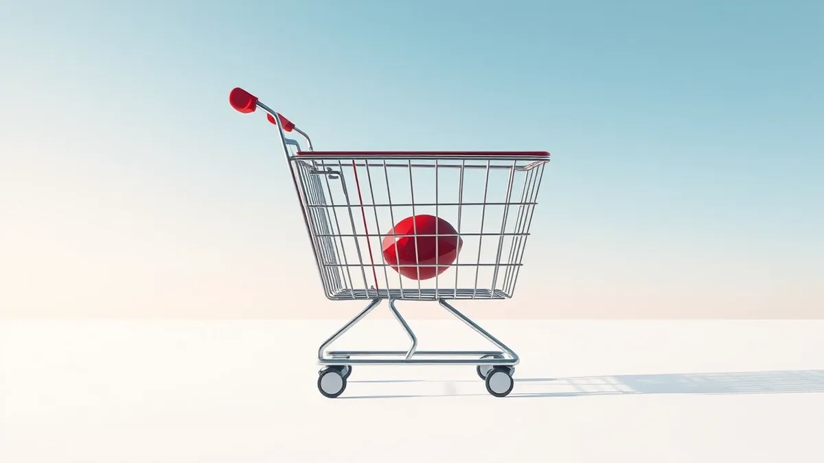 Illustration: A sleek shopping cart icon sits isolated on a stark white background, its handle twisted unnaturally as if forced open.