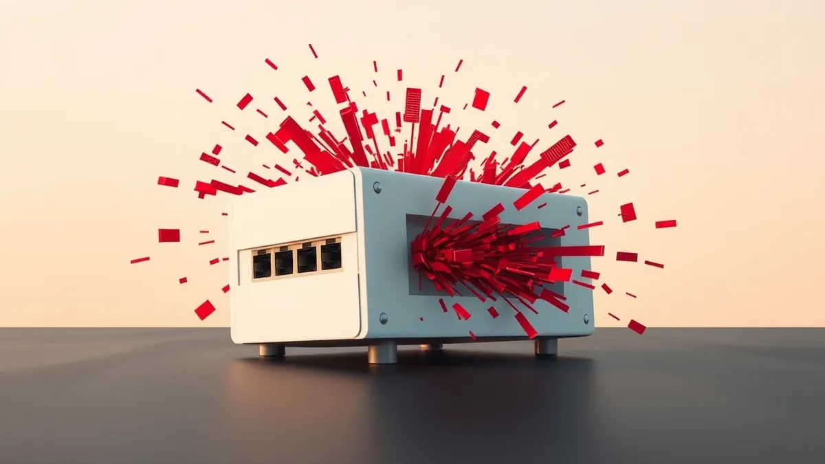 Illustration: A sleek white network firewall sits isolated on a dark surface.