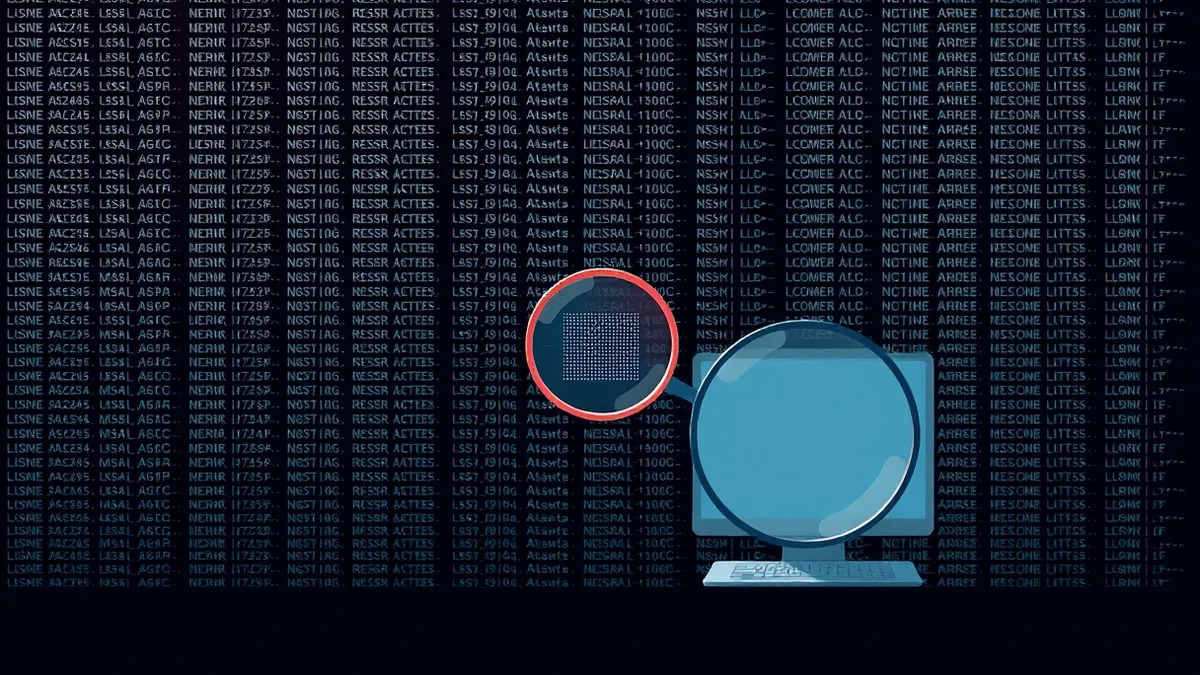 Illustration: A dense wall of generic server log lines flows across a dark background.