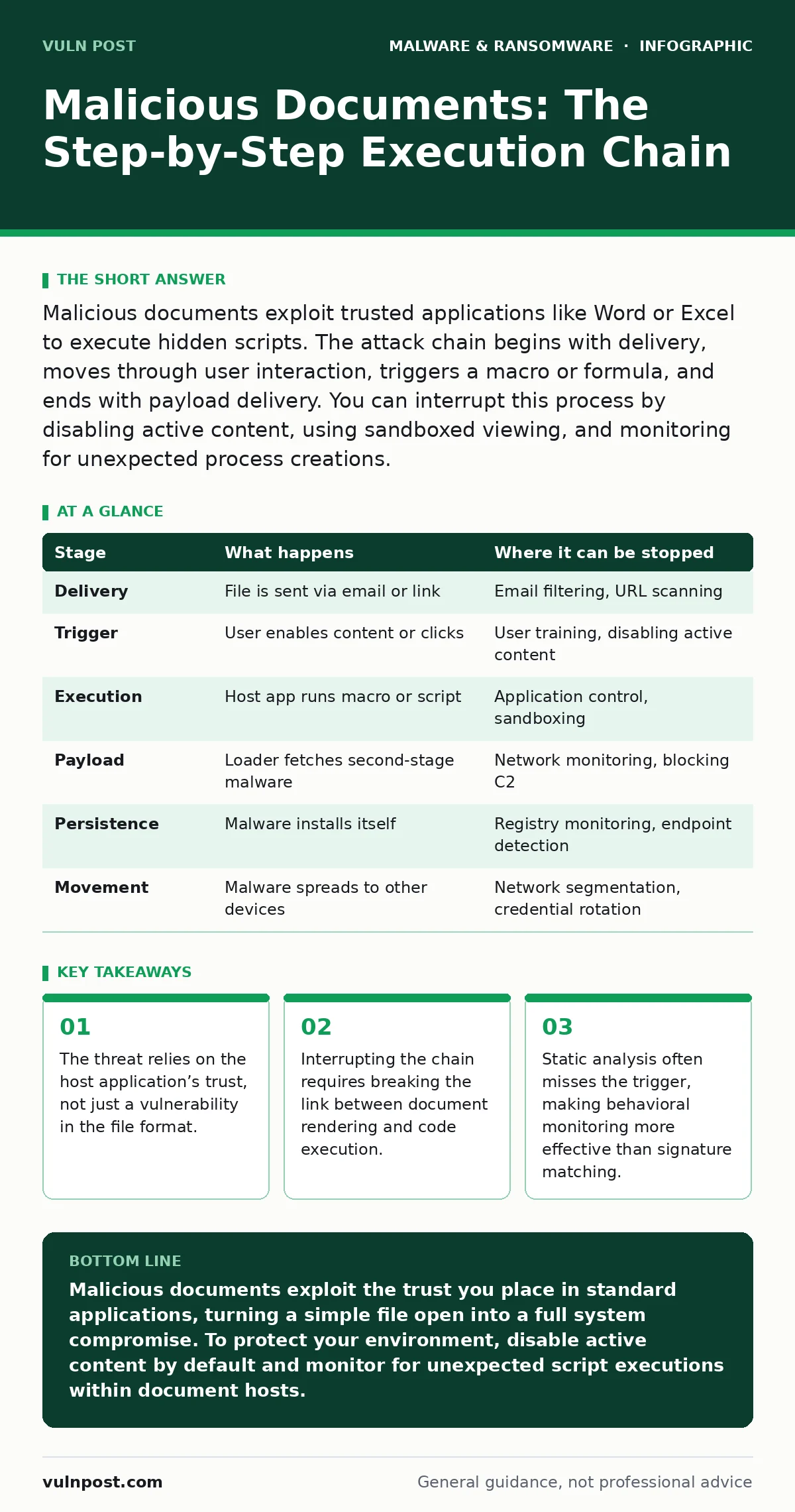 Infographic: Malicious Documents: The Step-by-Step Execution Chain. The threat relies on the host application’s trust, not just a vulnerability in the file format. Interrupting the chain requires breaking the link between document rendering and code execution. Static analysis often misses the trigge