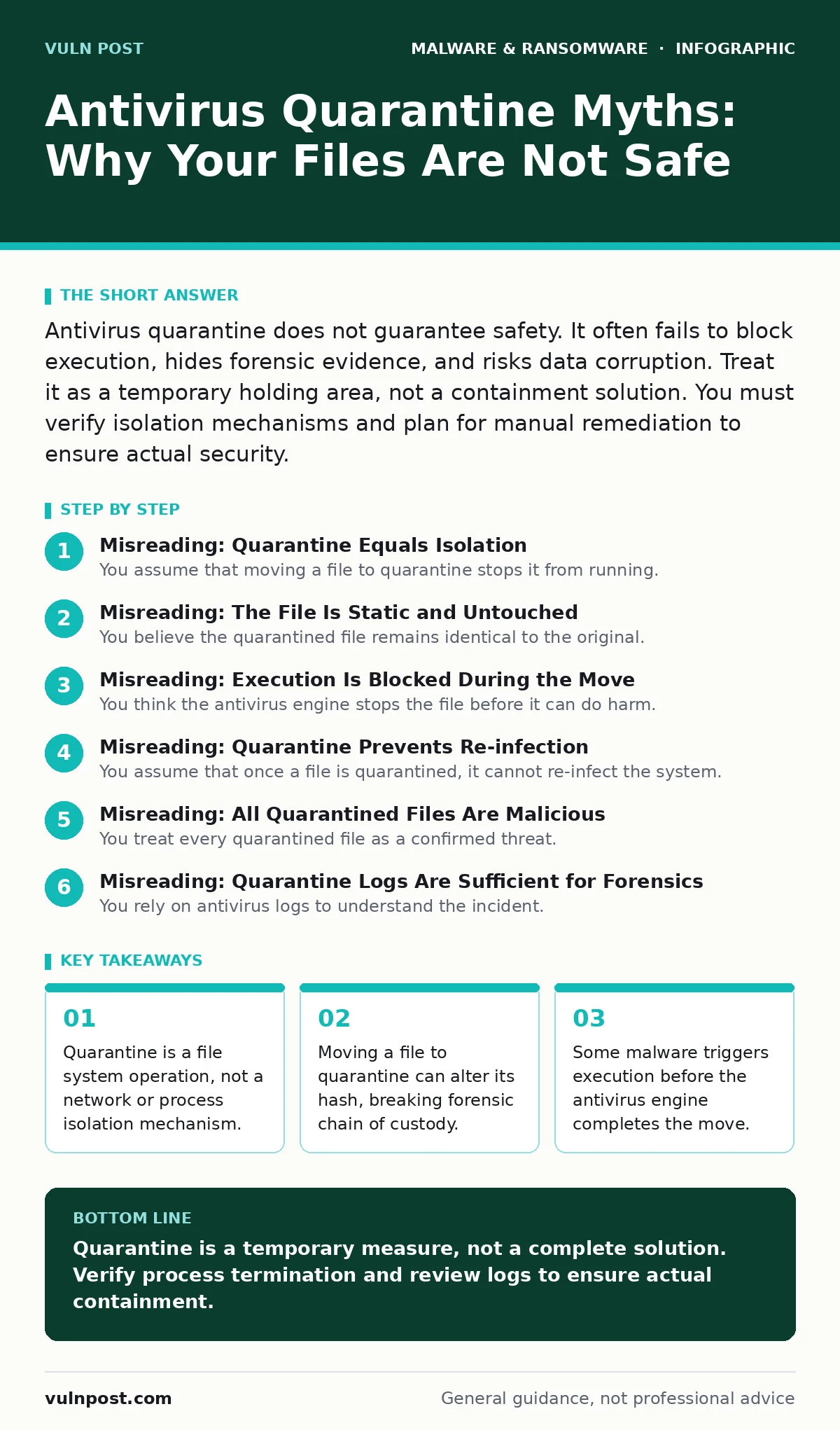 Infographic: Antivirus Quarantine Myths: Why Your Files Are Not Safe. Quarantine is a file system operation, not a network or process isolation mechanism. Moving a file to quarantine can alter its hash, breaking forensic chain of custody. Some malware triggers execution before the antivirus engine c