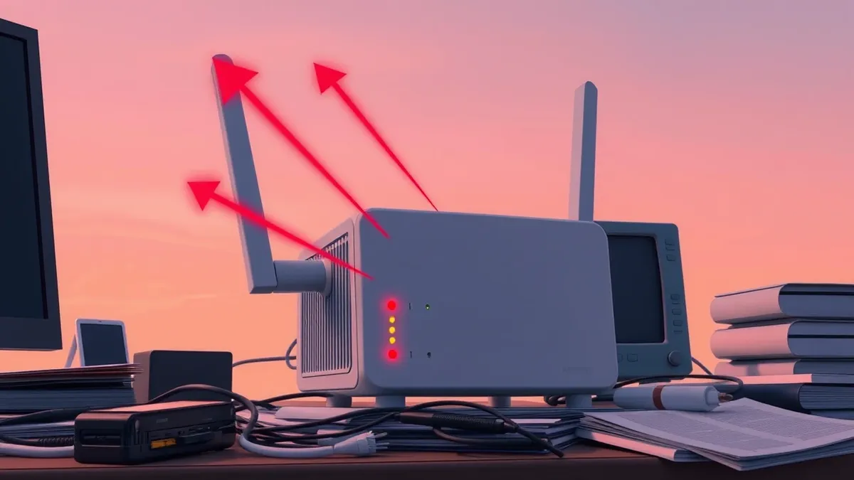 Illustration: A white wireless router with two external antennas sits on a cluttered desk.