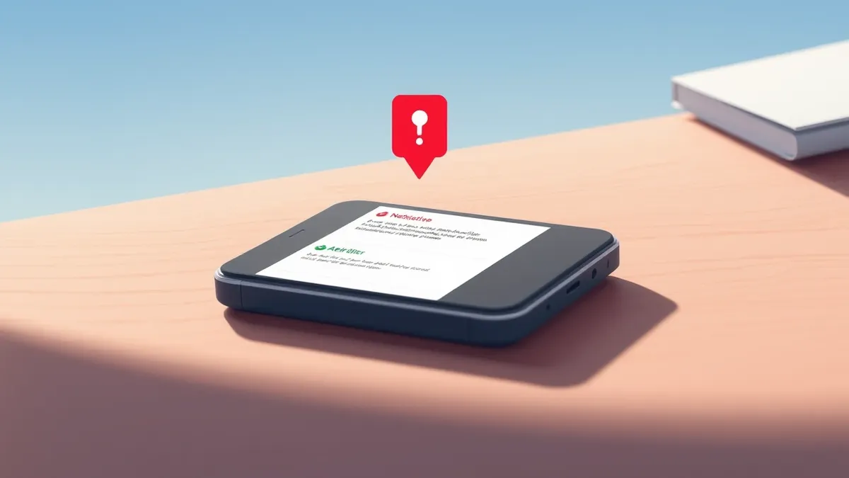 Illustration: A smartphone rests on a wooden desk, its screen displaying a clean notification panel with three distinct alert icons.