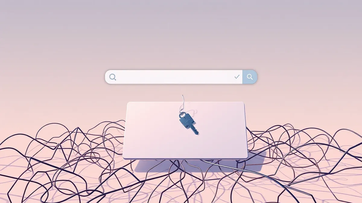 Illustration: A search bar with a blinking cursor sits above an abstract, tangled web of database connection lines.