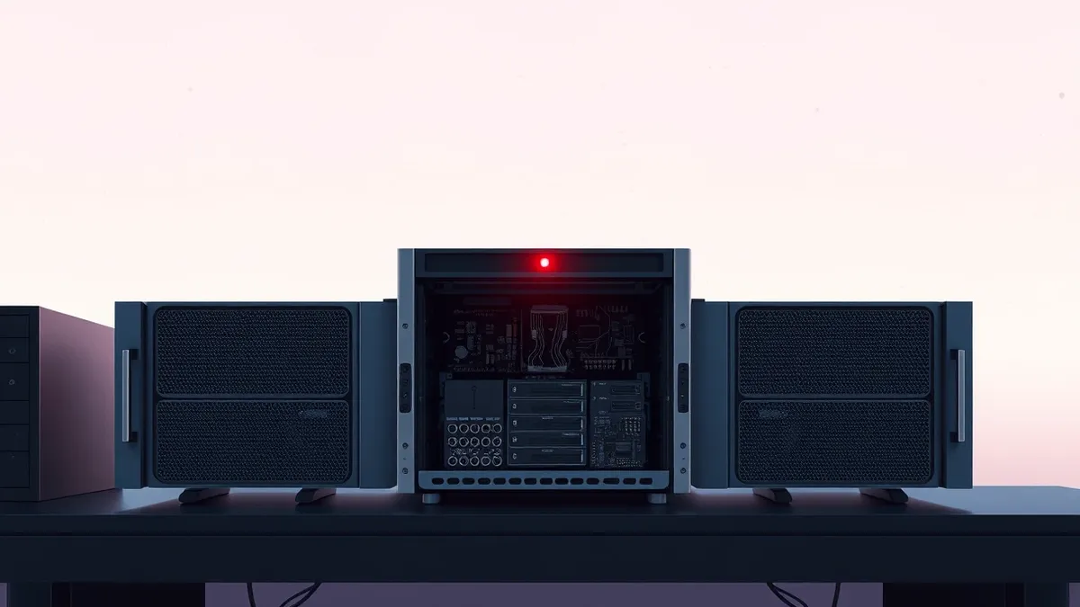 Illustration: A sleek metallic database server sits open on a dark desk, revealing intricate circuit boards and spinning hard drives.