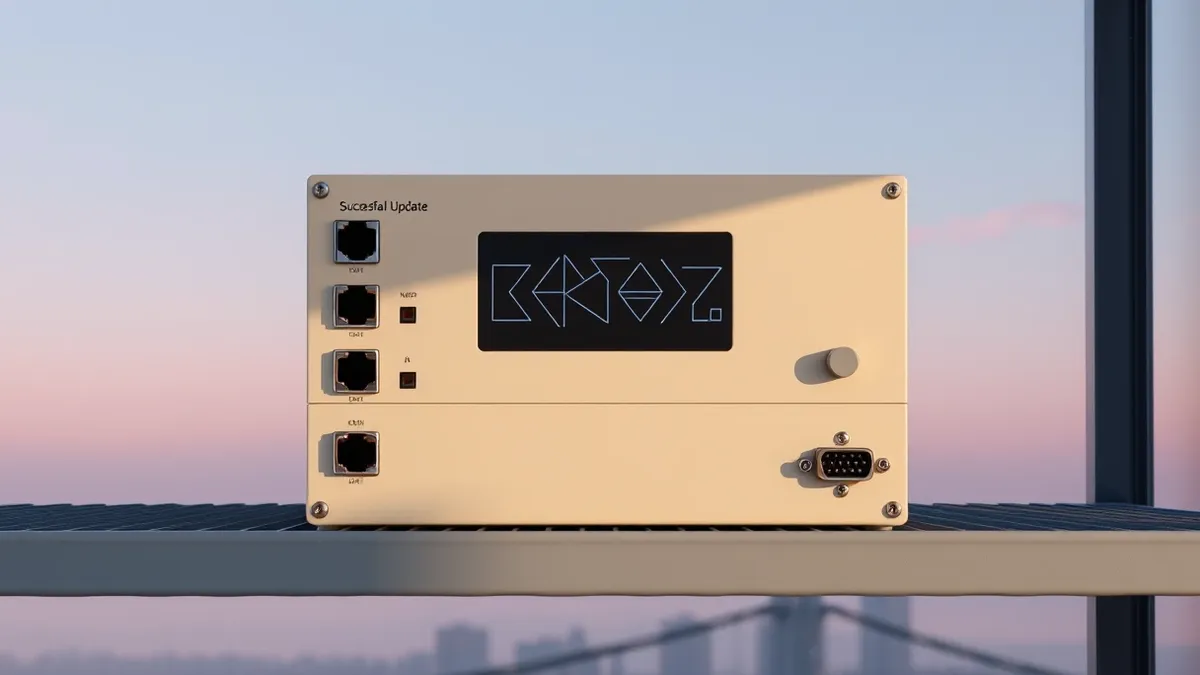 Illustration: A beige industrial control module with blank Ethernet and serial ports sits on a grey metal shelf, its front panel displaying only abstract geometric patterns to indi
